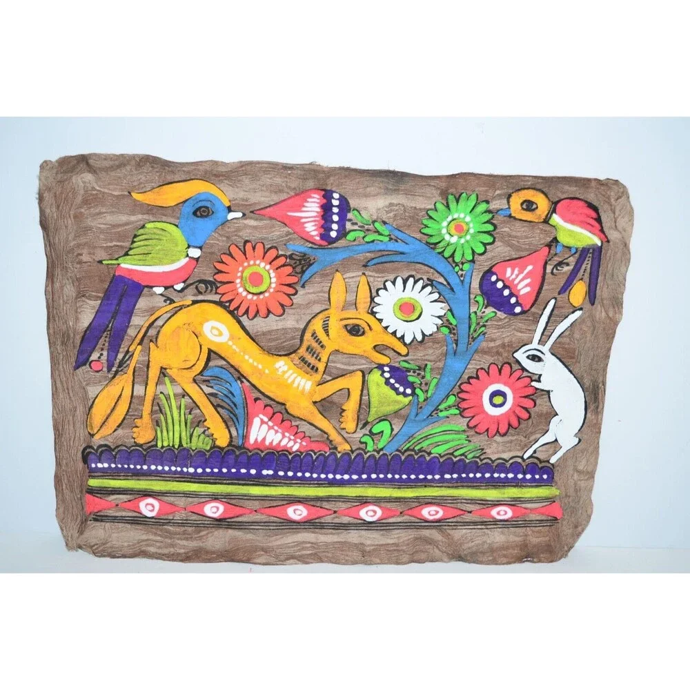 Vtg Mexican Folk Art Amate‎ Bark Painting Bright Colors Flowers Fox Rabbit bunny